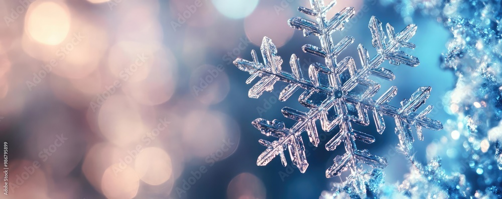 Poster a close-up of a delicate snowflake glistening against a soft bokeh background, capturing the essence