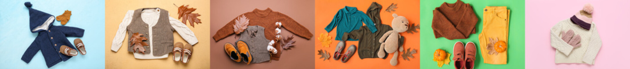 Collage of different autumn clothes for children on color background