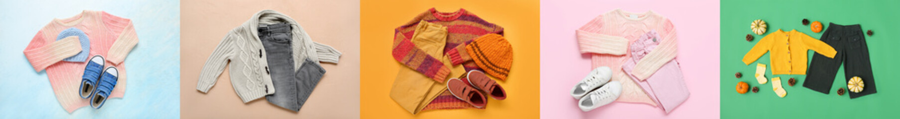Collage of different autumn clothes for children on color background