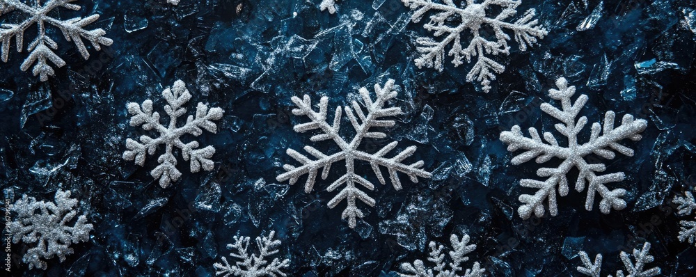 Poster close-up view of elegant snowflakes on a dark blue background, showcasing intricate designs and wint