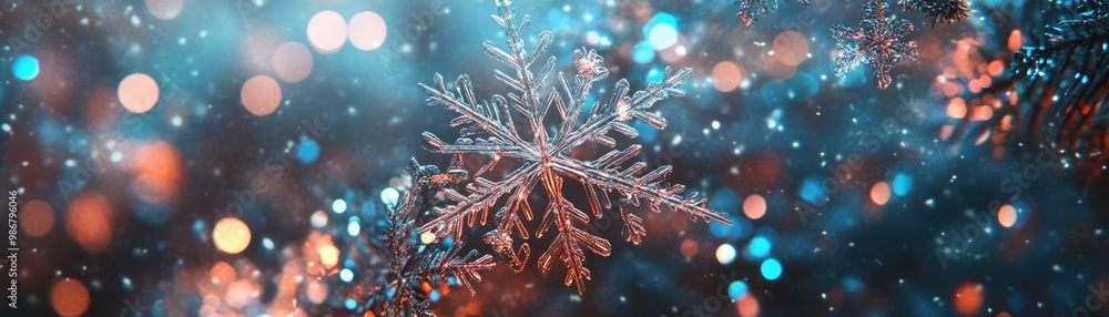Poster A sparkling snowflake amidst a colorful winter background filled with dazzling bokeh lights, creating a magical ambiance.