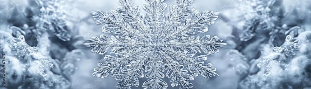 Poster A detailed close-up of a snowflake resting on ice, highlighting its unique structure and intricate design in a cool, frosty ambiance.