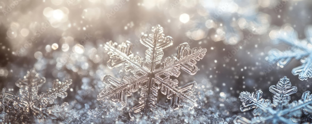 Poster a close-up view of delicate snowflakes glistening in the soft winter light, creating a magical and s