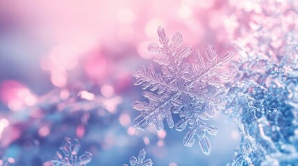 Close-up of a delicate snowflake with vibrant colors and shimmering details, embodying the beauty of winter's magic.