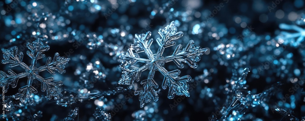 Poster A close-up view of delicate snowflakes on a glistening surface, showcasing intricate patterns and sparkling details in a winter scene.