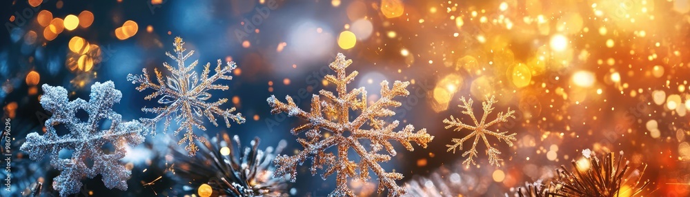 Poster a captivating winter scene featuring intricate snowflakes and sparkling bokeh lights, perfect for ho