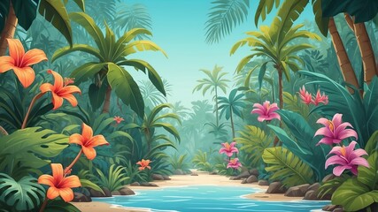 Tropical Plants and Flowers Cartoon Background Design