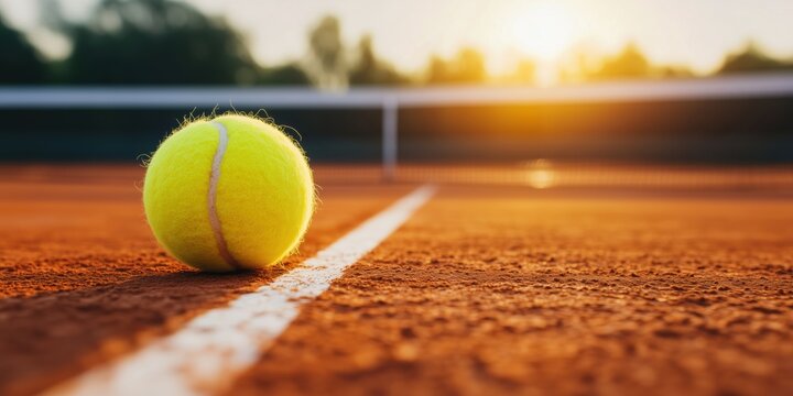 A close-up of a tennis ball resting on a clay court with the sun setting in the background. Perfect for sports-related visuals, tennis tournaments, or outdoor activities.