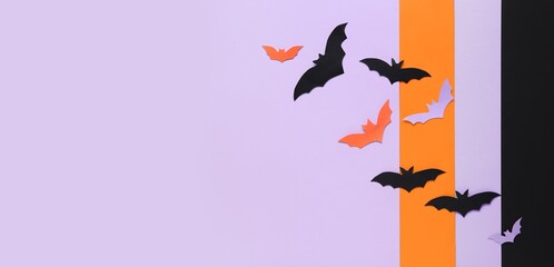 Many paper bats for Halloween party on colorful background with space for text