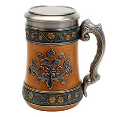 Detailed Close-Up Shot of Rustic Pewter-Lidded Beer Stein Isolated on Clean White Background