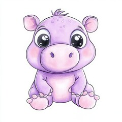 Fototapeta premium Cute cartoon purple hippo with big eyes, sitting adorably.