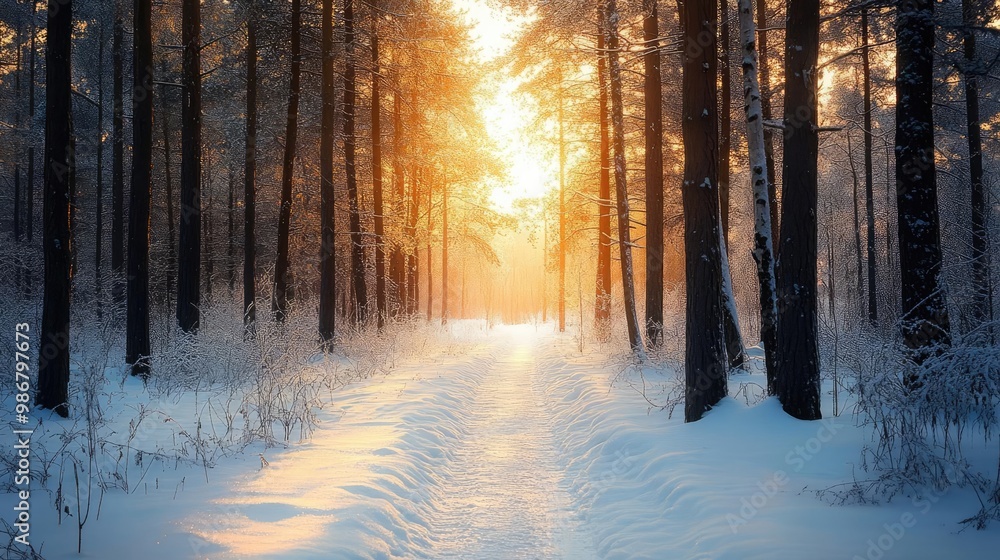 Poster a serene winter landscape with golden sunlight filtering through snow-covered trees, creating a peac