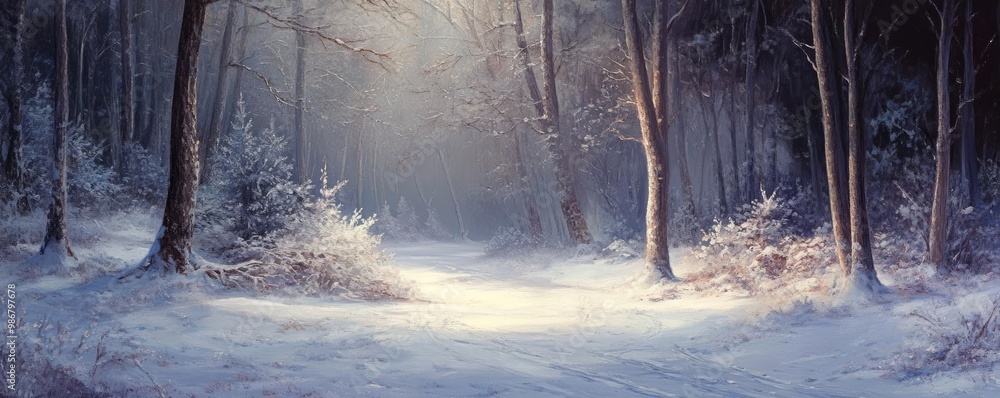 Poster a serene winter landscape with snow-covered trees, soft light filtering through a tranquil forest, c