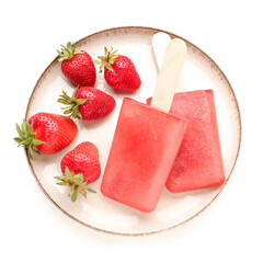 Plate with sweet strawberry ice-cream popsicles on white background