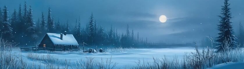 A serene winter landscape featuring a cozy cabin surrounded by snow and tall trees under a glowing full moon.