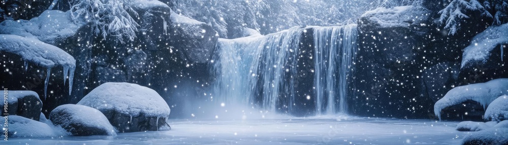 Poster a serene winter waterfall surrounded by snow-covered rocks and falling snowflakes, creating a peacef