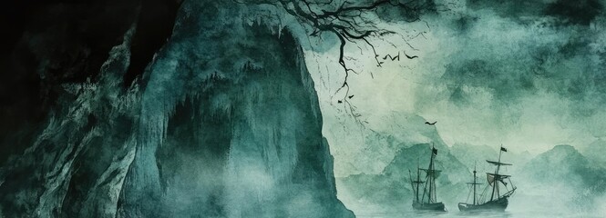 A mysterious landscape featuring a lone figure, ships, and rocky cliffs, evoking a sense of adventure and the unknown.