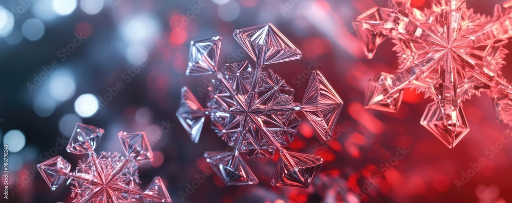 Poster close-up of intricate snowflakes reflecting light in shades of red and blue, showcasing their delica