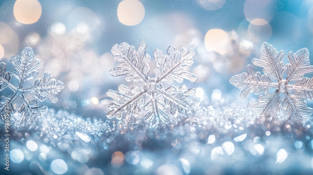 Poster A close-up view of delicate snowflakes shimmering on a sparkling surface, capturing the essence of winter's beauty in soft blue tones.