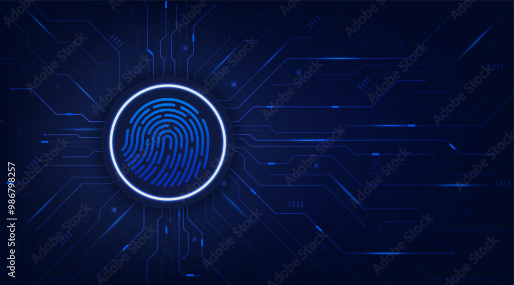 Poster Fingerprint on circuit board. Secure system concept with a fingerprint.  Password control through fingerprints. Futuristic background. Vector illustration design for banner and template.