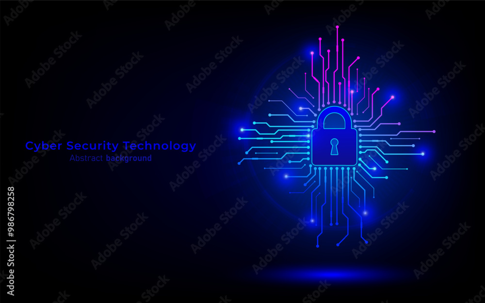 Poster Padlock on circuit board. Secure system and network protection technology concept. Cyber security technology futuristic background. Vector illustration design for banner and template.