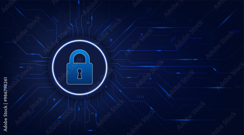 Poster Padlock on circuit board. Secure system and network protection technology concept. Cyber security technology futuristic background. Vector illustration design for banner and template.