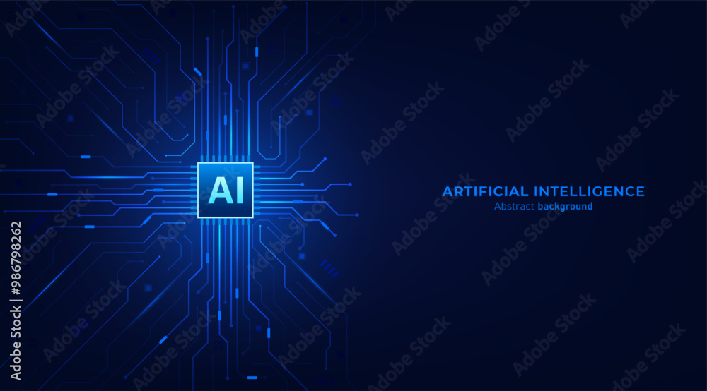 Poster Ai chip on circuit board blue background. Artificial intelligence and Machine Learning technology futuristic design. Vector illustration design for banner and template.