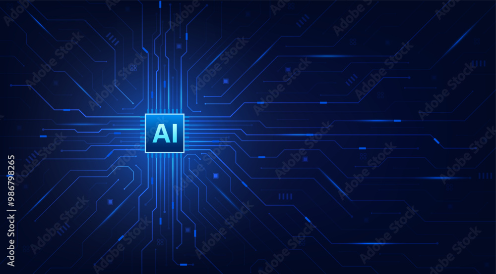 Poster Ai chip on circuit board blue background. Artificial intelligence and Machine Learning technology futuristic design. Vector illustration design for banner and template.
