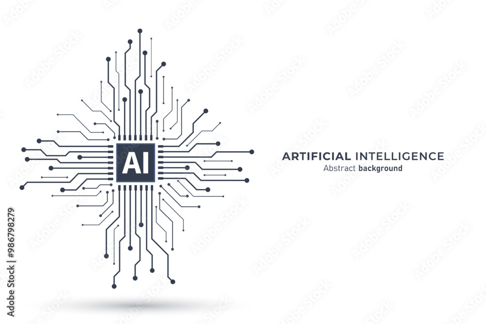 Poster ai chip on circuit board blue background. black-white tone. artificial intelligence and machine lear