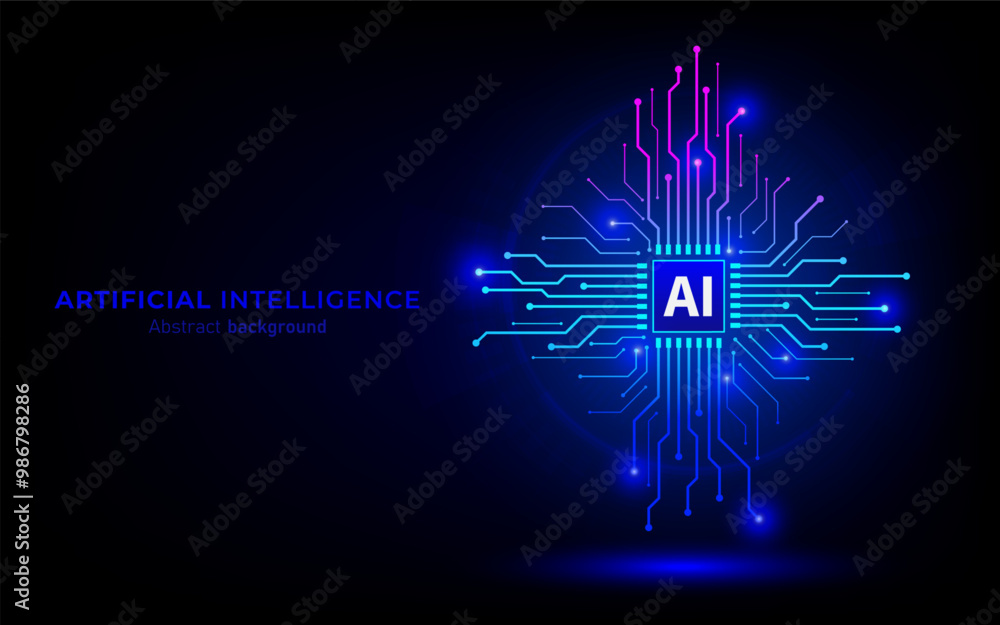 Poster Ai chip on circuit board blue background. Artificial intelligence and Machine Learning technology futuristic design. Vector illustration design for banner and template.