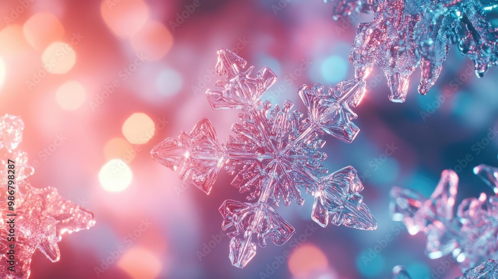 Poster close-up of a sparkling snowflake caught in colorful light, perfect for winter or holiday-themed pro