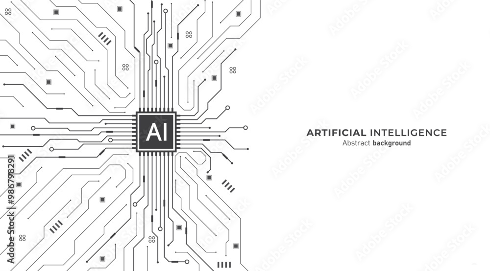 Fototapete Ai chip on circuit board blue background. Black-white tone. Artificial intelligence and Machine Learning technology futuristic design. Vector illustration design for banner and template.