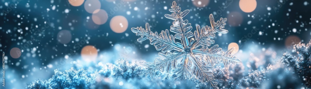 Poster a beautiful snowflake rests on a snowy surface, surrounded by soft blue tones and sparkling bokeh li