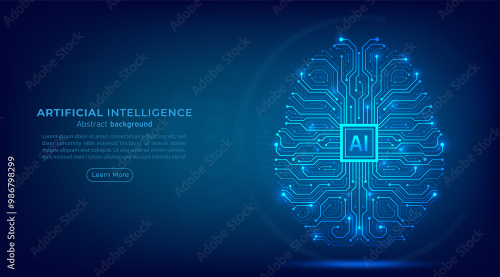 Aufkleber Digital brain with AI chip and circuit in blue background. Artificial intelligence and innovation futuristic technology concept. Vector illustration art work for web, banner and template.
