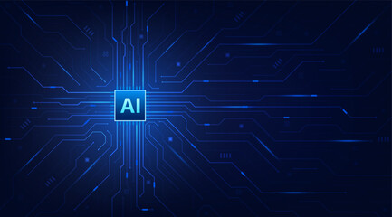 Ai chip on circuit board blue background. Artificial intelligence and Machine Learning technology futuristic design. Vector illustration design for banner and template.