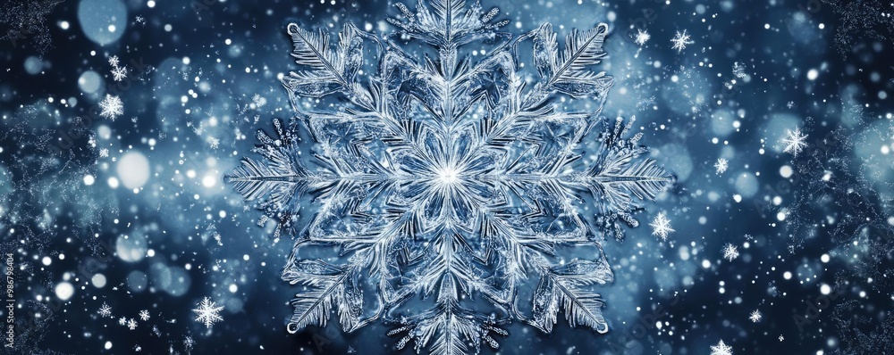 Aufkleber a stunning close-up of a snowflake against a dark blue background, capturing its intricate patterns 