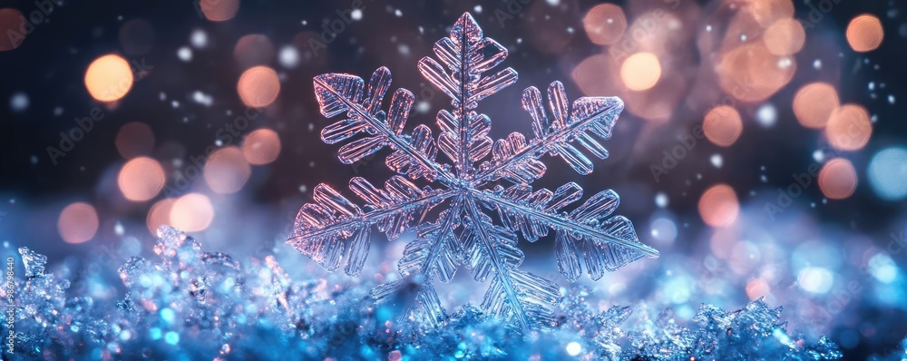 Poster a delicate snowflake rests on a shimmering blue surface, capturing the essence of winter's beauty am