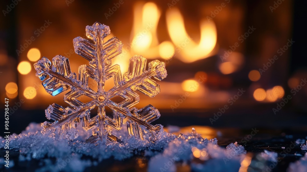 Poster A beautiful snowflake rests on soft snow, illuminated by the warm glow of a fireplace, creating a cozy winter atmosphere.