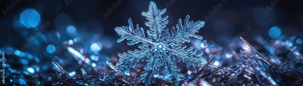 Poster a close-up view of a beautiful snowflake resting on shimmering blue tinsel, capturing the essence of