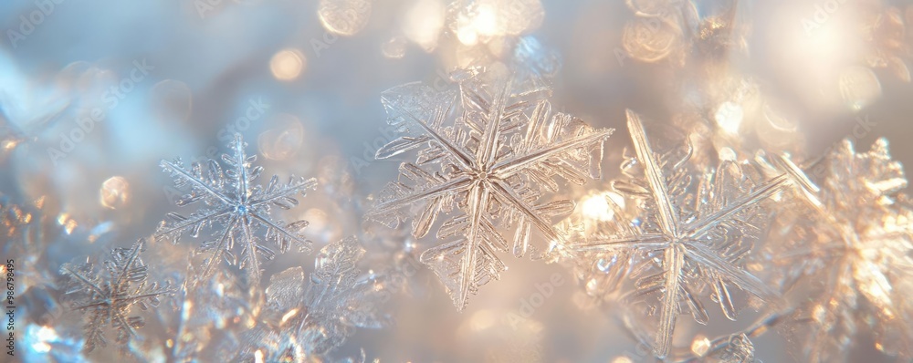 Poster Close-up view of sparkling snowflakes shimmering in soft winter light, creating a magical and serene atmosphere.