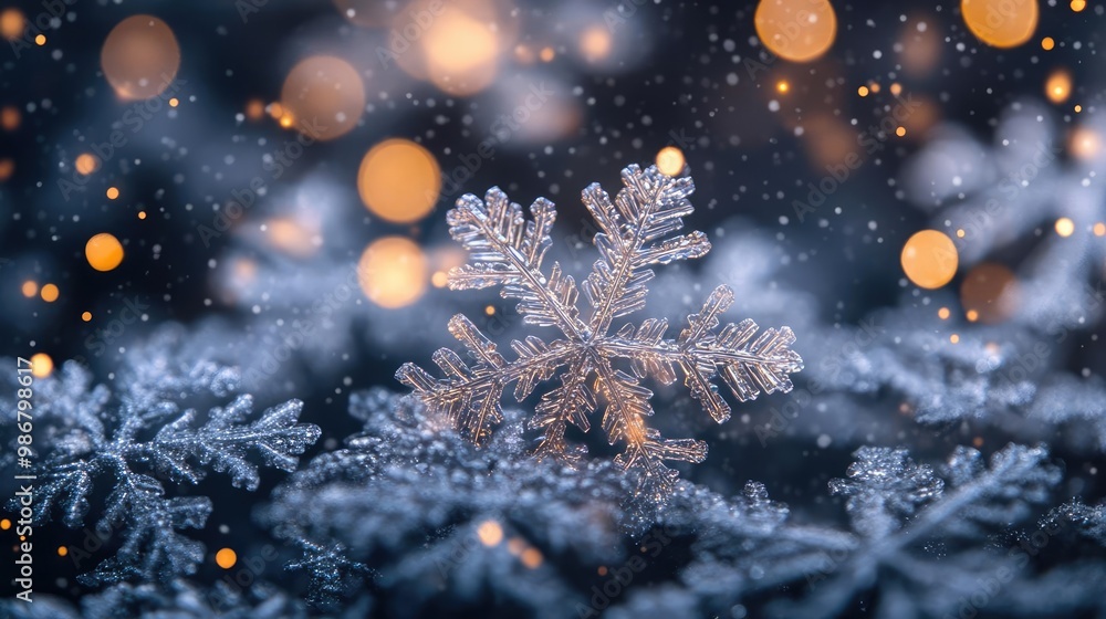 Poster A close-up of a snowflake surrounded by soft bokeh lights, capturing the beauty of winter's delicate patterns and shimmering textures.