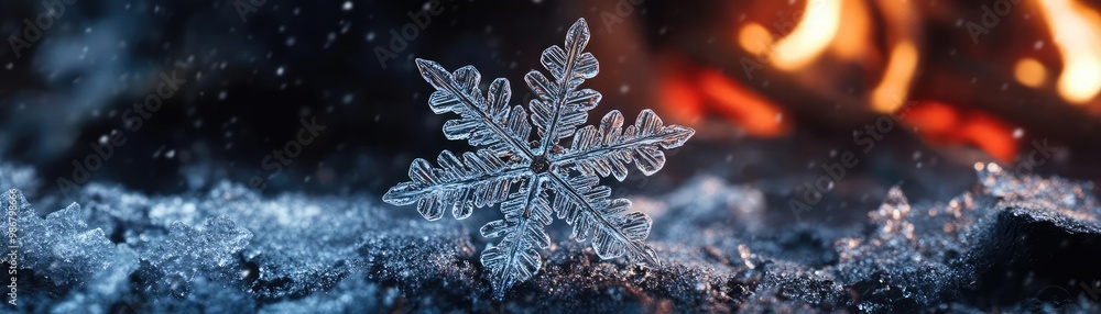 Poster a delicate snowflake resting on a cold surface, contrasted by the warm glow of a fire in the backgro