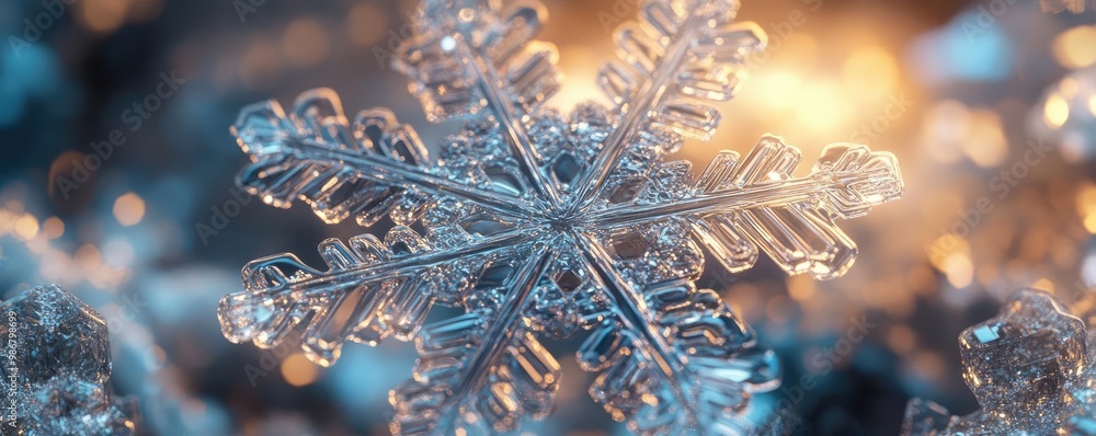 Aufkleber Close-up of a delicate snowflake illuminated by soft light, showcasing intricate ice patterns and crystalline structure.