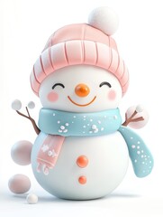 Fototapeta premium Charming snowman wearing a pink hat and blue scarf, smiling joyfully amidst a snowy backdrop, perfect for winter themes.