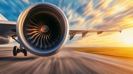 A close-up view of an airplane's jet engine on a runway, with a vibrant sunset and blurred motion effects suggesting high speed.