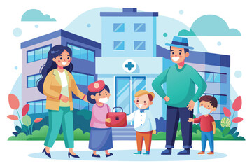 A family of four stands outside a hospital, cheerfully presenting a gift to a friend in need, Customizable illustration of a family visiting a hospital.