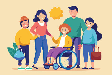 A joyful family stands together, holding hands, with one member in a wheelchair under a bright sun, Customizable illustration of a family with a disabled child.