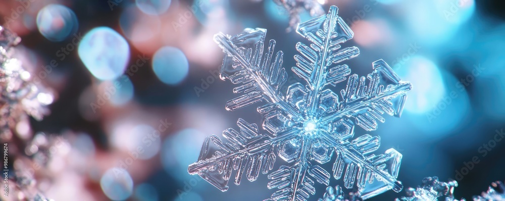 Poster a stunning close-up of a snowflake with intricate details and a shimmering blue background, perfect 