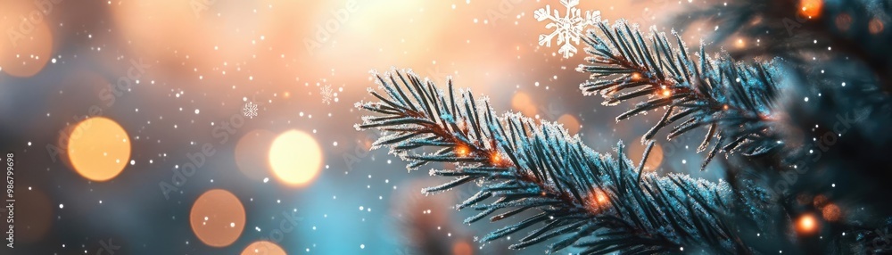Poster a close-up of a pine branch with softly blurred festive lights creating a warm, cozy holiday atmosph