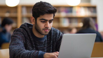 Obraz premium Student taking an online test on a laptop, concentrating on the screen with a calm, focused expression, in a quiet study area